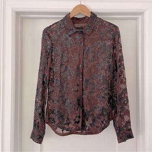 Rachel Comey brown transparent button down shirt with sequin florals